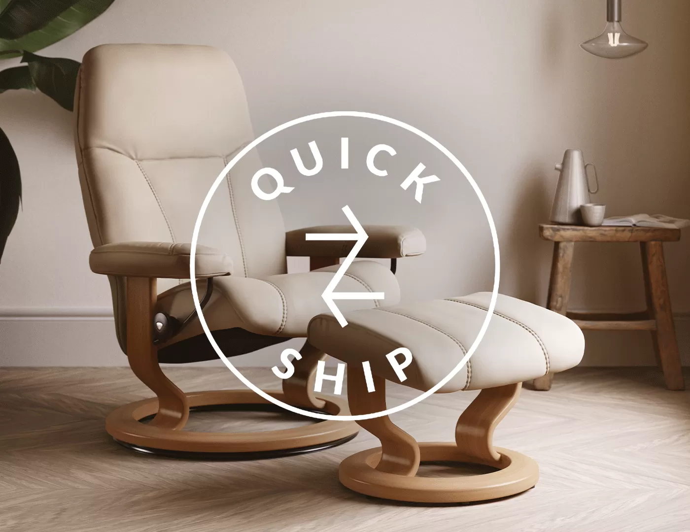 Discover true comfort without leaving your home with our Stressless® ‘Quickship’ program. Available to order online or by telephone, ‘Quickship’ offers some of Stressless' most popular recliners upholstered in their best-selling leathers to ensure you are enjoying your comfortable, new recliner in no time.
Style and comfort are individual. So it’s only natural to offer three different bases on Quickship recliners: Classic, Signature and Star Base. For soft rocking motions, the Signature and Star Base are optimal. Some Classic and Signature chairs come in three different sizes, and all the well-known Stressless® benefits are of course included.
While the majority of our products are made to order, these Quickship recliners are in stock and ready to ship, delivered to you, within 14 days. So all you have to do is sit back, relax and choose your dream chair.