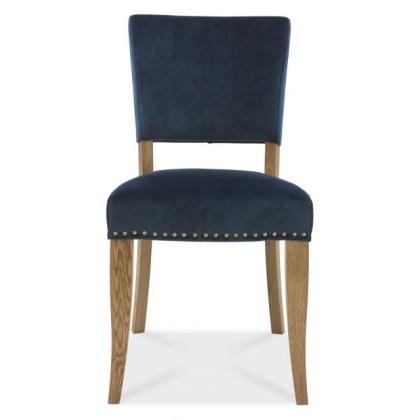 Indus Rustic Oak Upholstered Chair - Dark Blue Velvet Fabric (PAIR)