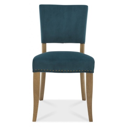 Indus Rustic Oak Upholstered Chair - Sea Green Velvet Fabric (PAIR)