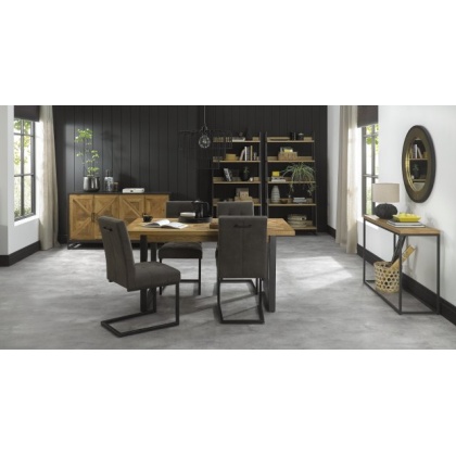 Bentley Designs Indus Rustic Oak 4-6 Seater Table + 4 Indus Cantilever Chairs in Dark Grey Fabric