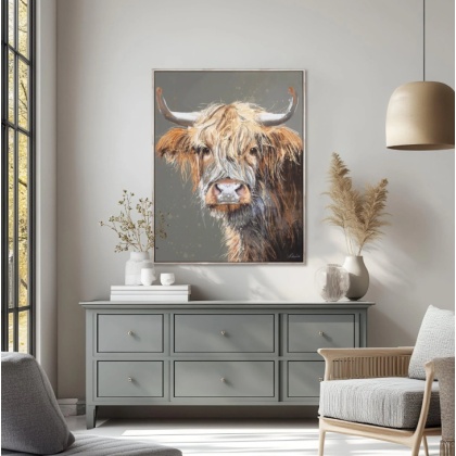 Gallery Direct Brodie Highland Cow Framed Canvas – Large Rustic Wall Art
