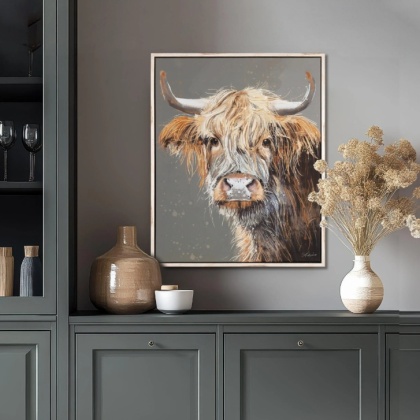 Gallery Direct Brodie Small Highland Cow Framed Canvas – Rustic Wall Art