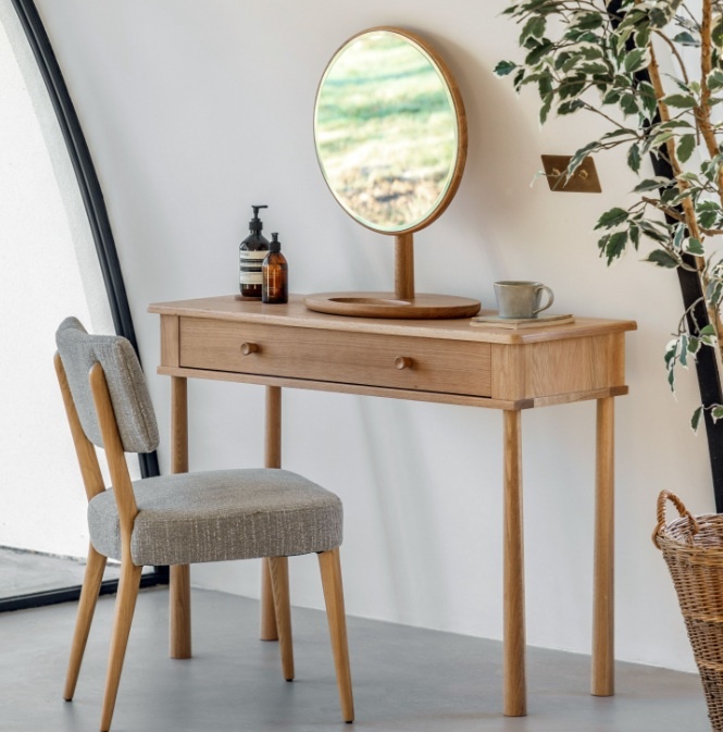 Gallery Direct Wycombe Dressing Table styled with mirror and chair, showcasing natural oak finish