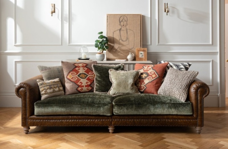 Tetrad Constable Grand Sofa in galveston bark leather and chenille fabric
