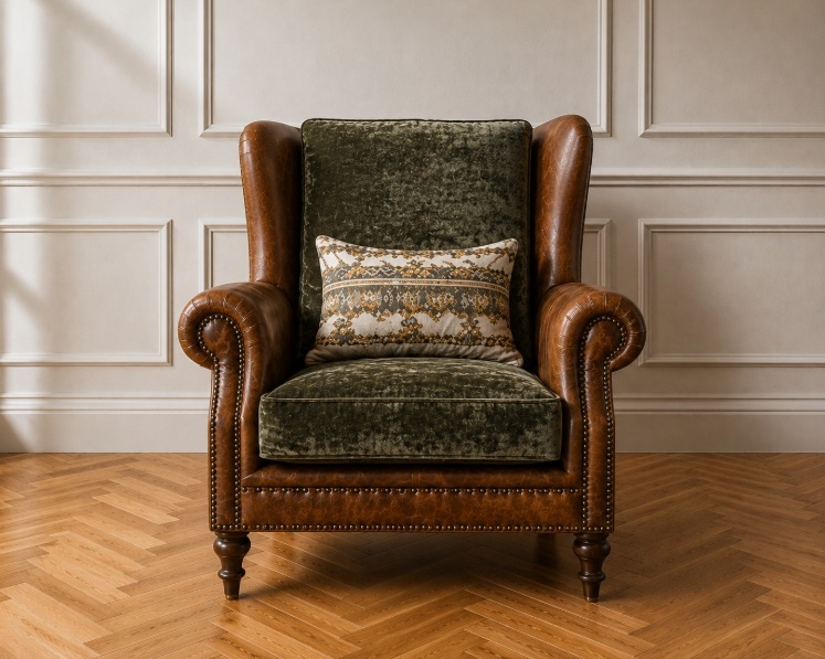 Tetrad Constable Wing Chair on wooden herringbone floor and white wood pannelled walls