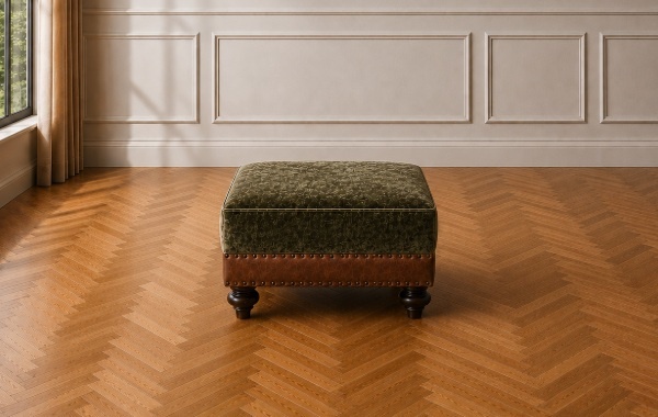 Tetrad Constable Small Square Stool on herringbone wooden floor