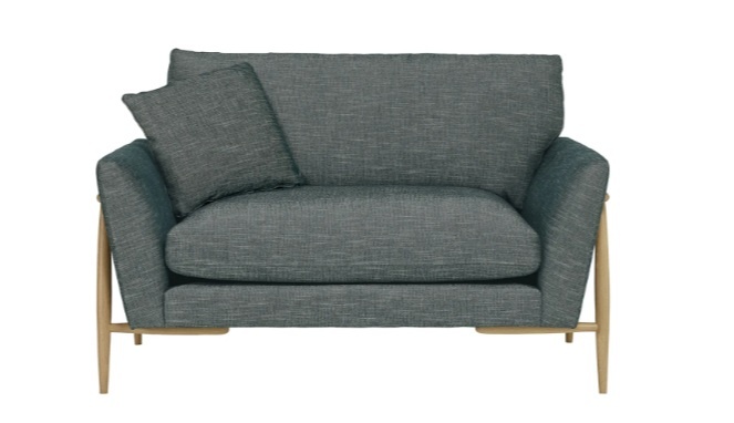 Ercol 4330/1 Forli Snuggler love seat in textured teal fabric with Clear Matt (CM) solid oak legs – Brentham Furniture.