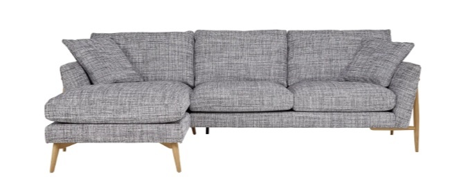 Ercol 4332 Forli Chaise LHF sofa in textured grey fabric with Clear Matt (CM) solid oak legs – Contemporary L-shaped 3-seater