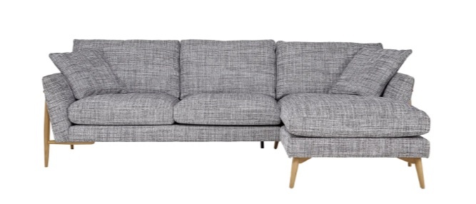 Ercol 4333 Forli Corner Chaise RHF sofa in textured grey fabric with Clear Matt (CM) solid oak legs – Brentham Furniture