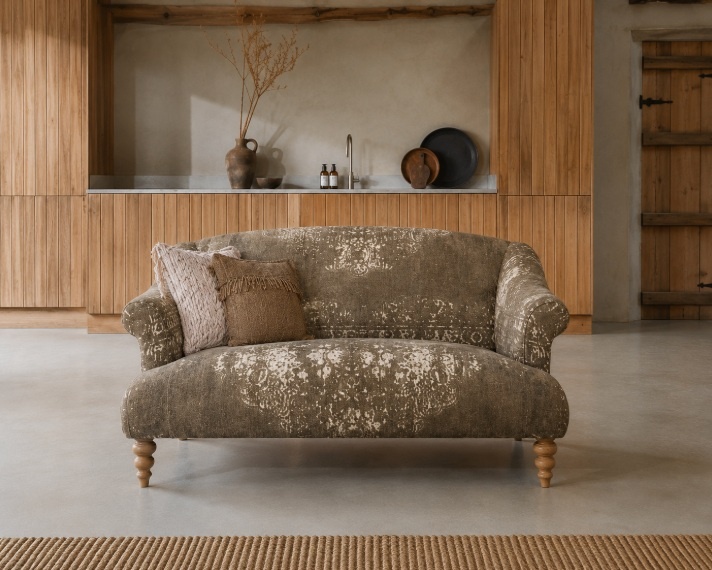 Tetrad Jacaranda Petit Sofa in Bagru fabric in modern lounge setting