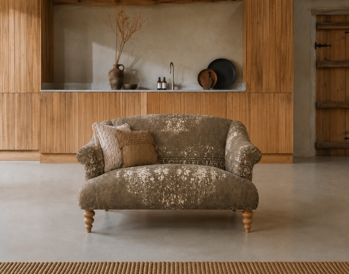Tetrad Jacaranda Snuggler Sofa in Bagru fabric in modern lounge with wooden planked walls