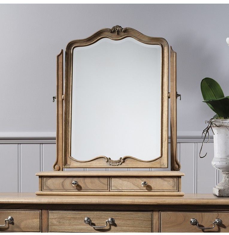 Gallery Chic Dressing Table Mirror Weathered paired with a matching table in a traditional home