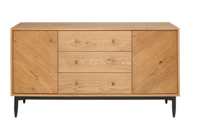 Ercol 4067 Monza Large Sideboard in Patina Oak featuring herringbone doors and black tapered legs - Brentham Furniture