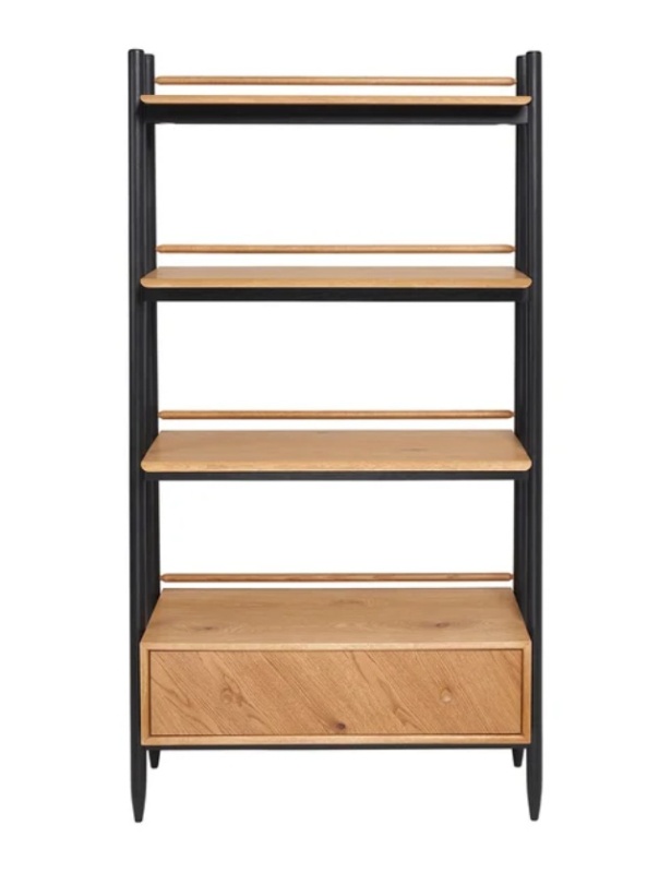 Ercol Monza 4071 Tall Shelving Unit in Patina Oak with 3 open shelves and a deep storage drawer - industrial style bookcase
