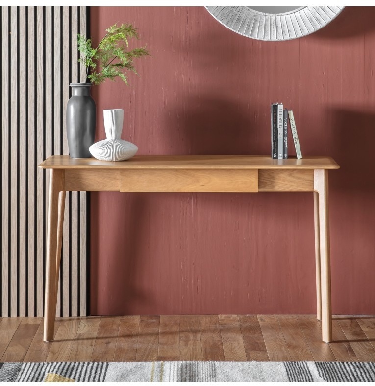 Gallery Direct Madrid 1 Drawer Desk Oak against a red wall