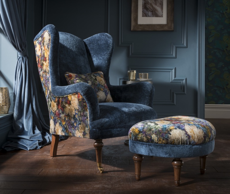 Spink & Edgar Crawford Mixed Fabric Chair and Matching Stool in a Traditional Home Library Setting with Free Delivery