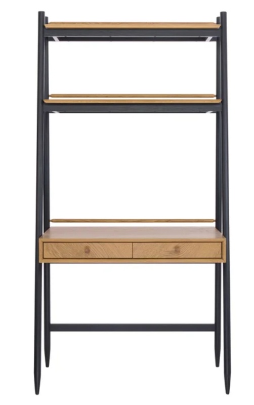 Ercol Monza 4072 Tall Home Office Desk in Patina Oak with 186cm integrated shelving and black frame - Brentham Furniture