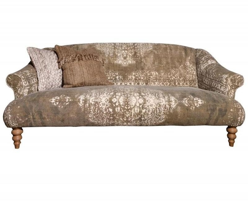 Tetrad Jacaranda Petit Sofa upholstered in authentic Bagru Khaki hand-block printed cotton, featuring a bohemian distressed p