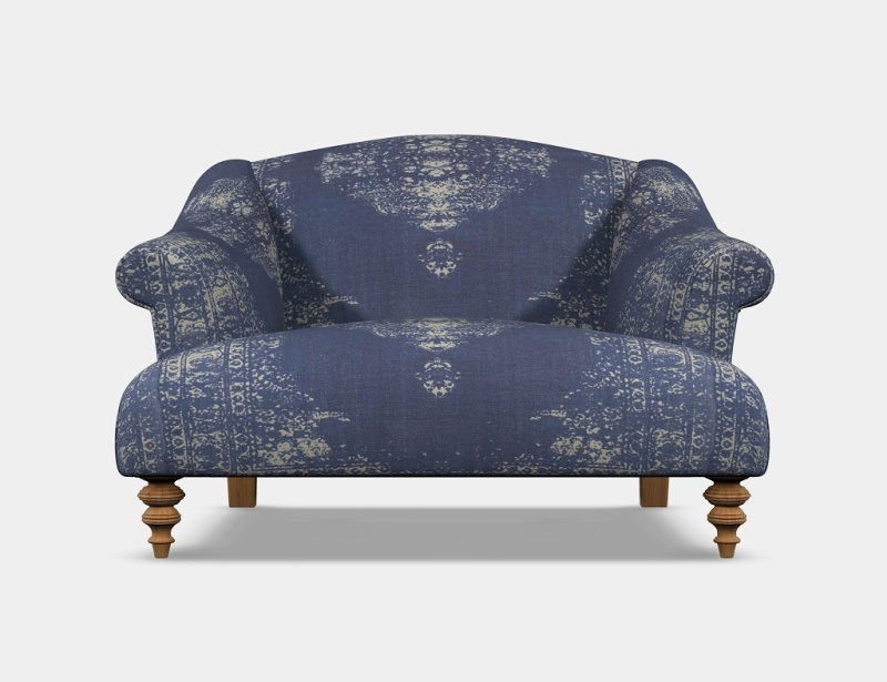 Tetrad Jacaranda Snuggler Sofa upholstered in authentic Bagru Indigo hand-block printed cotton, featuring a bohemian floral p