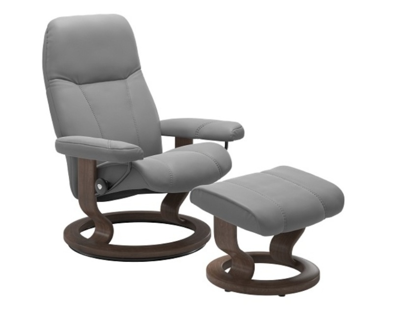 Stressless Consul recliner chair and stool classic base in grey leather Brentham Furniture London Specialists