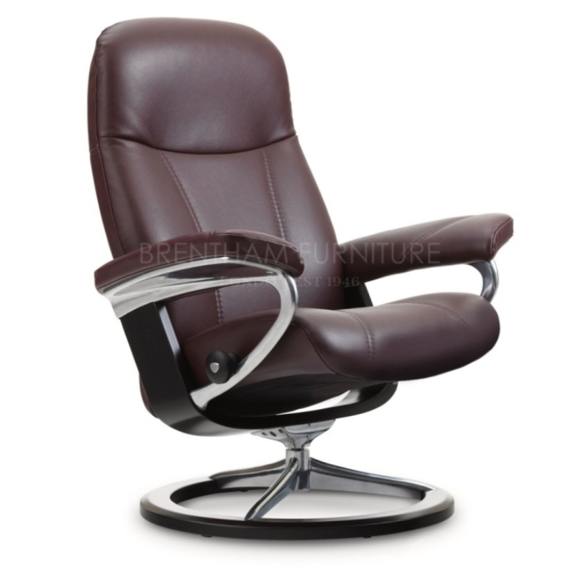 Stressless Consul reclining chair with Signature base shown without footstool in brown leather.