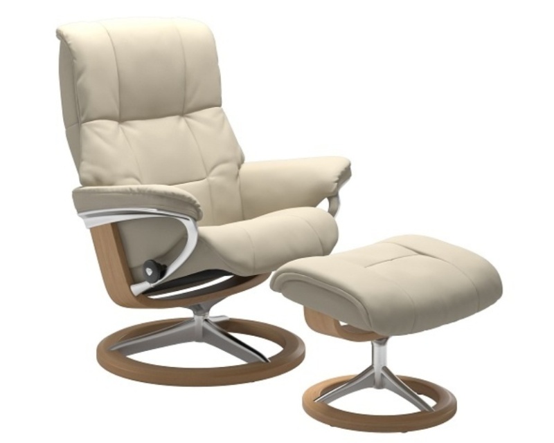 Stressless Mayfair Signature Recliner and Footstool in Paloma Beige Leather with an Oak and Aluminum rocking base. Features p