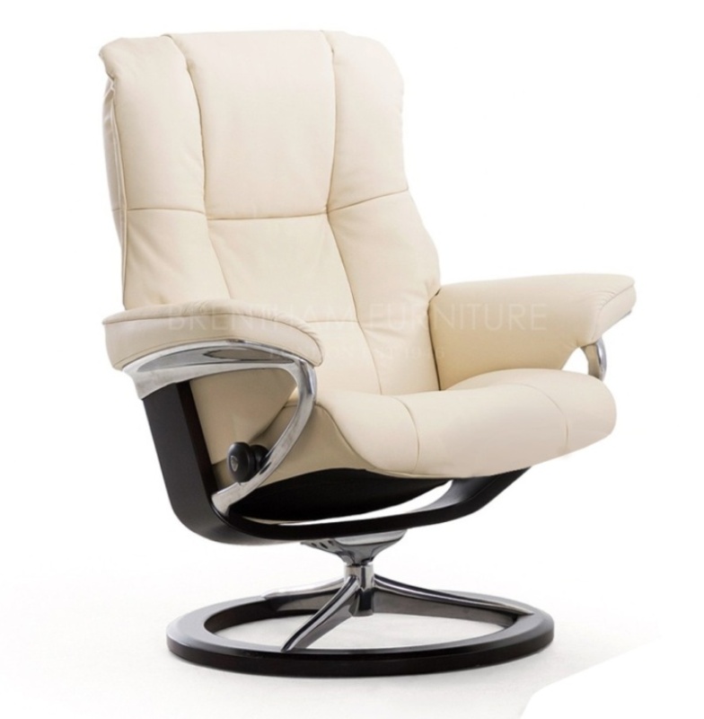Stressless Mayfair Signature reclining chair only without stool in cream leather showing wood and chrome base.