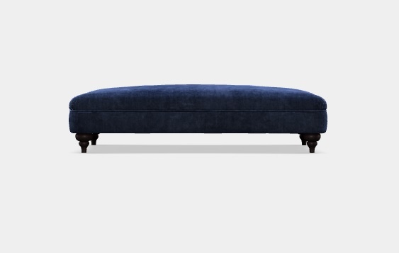 Spink & Edgar Lamour stool by Tetrad in plain blue velvet side view with low profile design