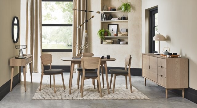 Bentley Designs Dansk Scandi Oak 4 Seater Table & 4 Veneer Back Chairs in Cold Steel Fabric