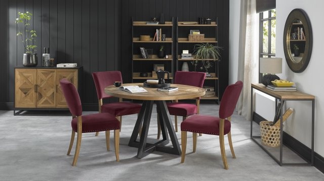 Bentley Designs Indus Rustic Oak Circular Dining Table & 4 Indus Dining Chairs