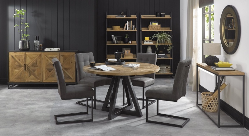 Bentley Designs Indus Rustic Oak Circular Dining Table & 4 Indus Cantilever Chairs