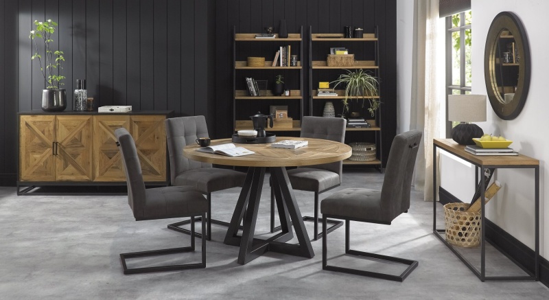 Bentley Designs Bentley Designs Indus Rustic Oak Circular Dining Table & 4 Bentley Designs Indus Cantilever Chairs