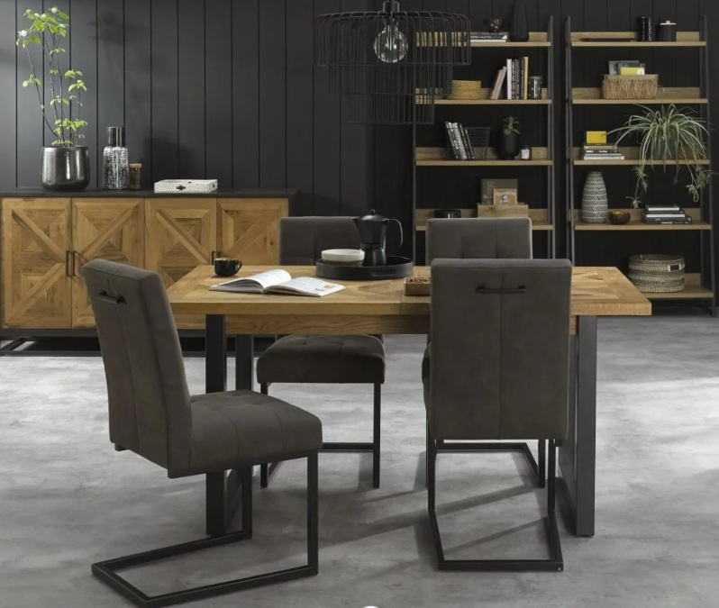 Bentley Designs Bentley Designs Indus Rustic Oak 4-6 Seater Table + 4 Indus Cantilever Chairs in Dark Grey Fabric