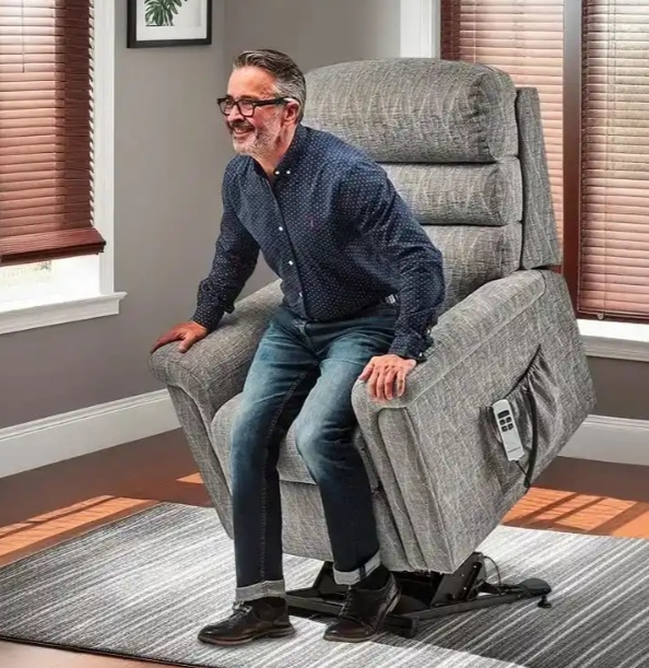 Sherborne Comfi-Sit Riser Recliner Chair in grey fabric showing rise and recline function