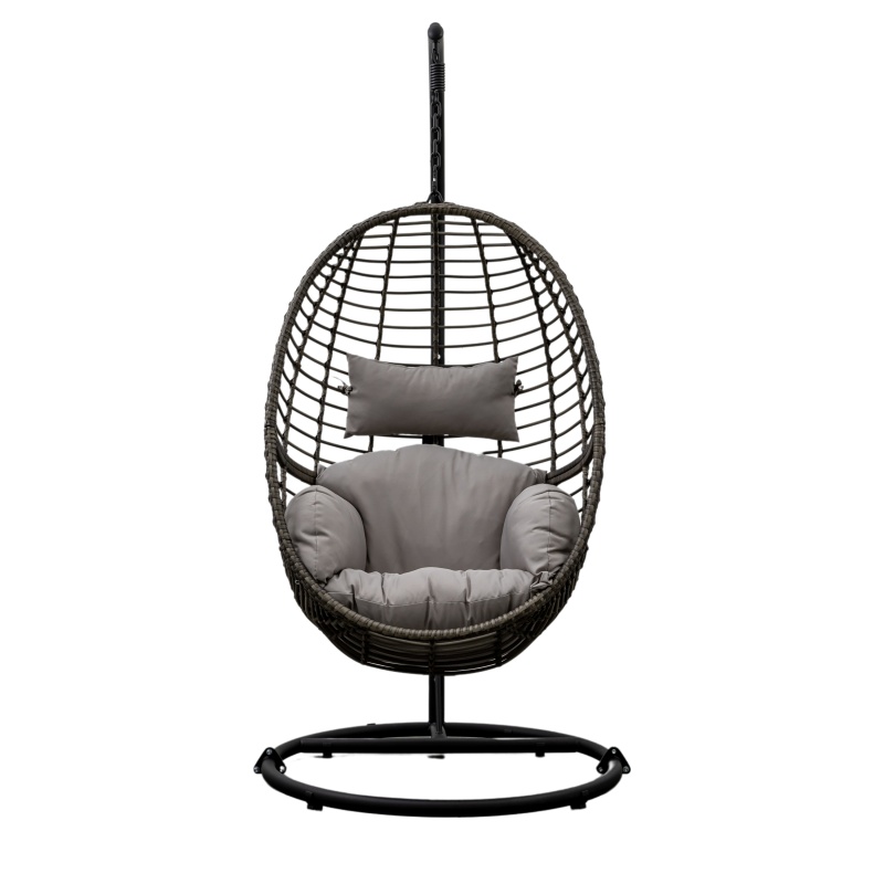 Gallery Direct Adanero hanging egg chair with a black metal frame and neutral grey cushions.