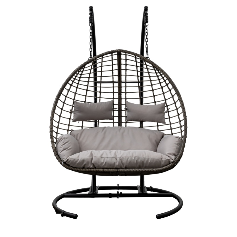 Gallery Direct Adanero hanging 2 seater egg chair with a black metal frame and grey cushions.