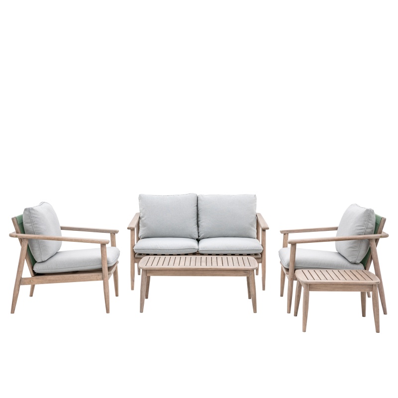 Gallery Direct Corsica lounge set featuring a rope weave sofa and armchairs with grey cushions.