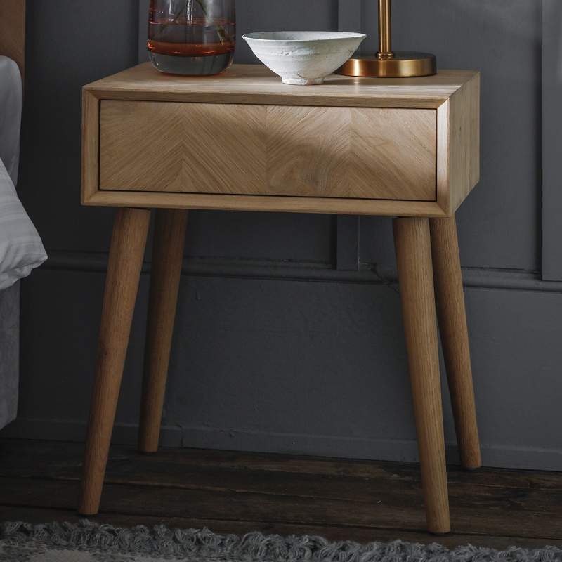 Gallery Milano 1 Drawer Side Table beside a bed