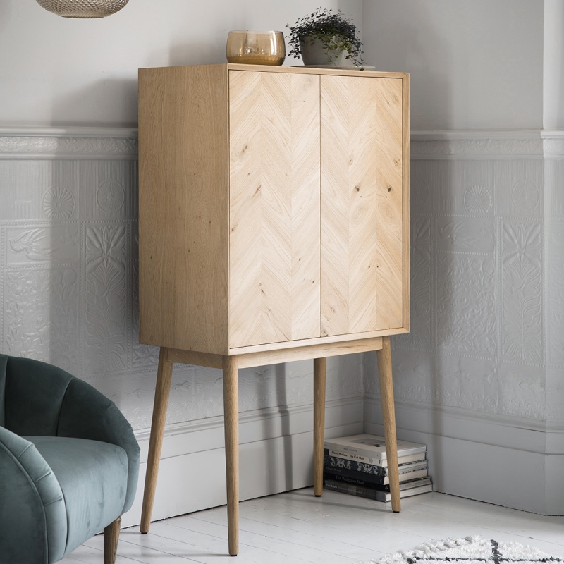 Gallery Milano 2 Door Cocktail Cabinet in oak with chevron inlay doors, matte finish and sleek elevated design