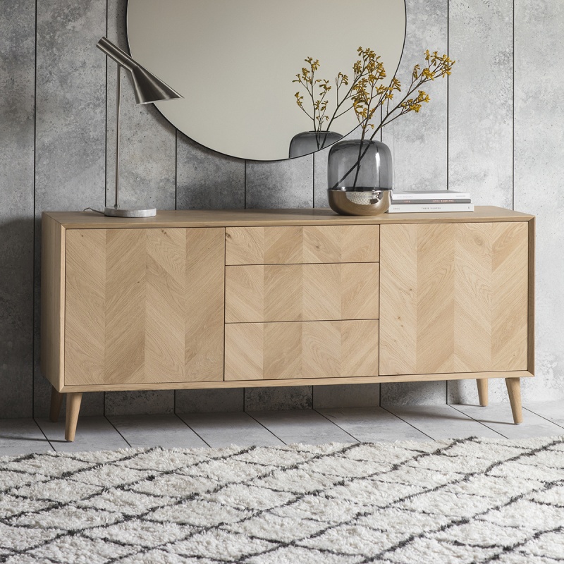 Gallery Milano 2 Door 3 Drawer Sideboard in oak with chevron inlay design, flush doors and natural matte finish