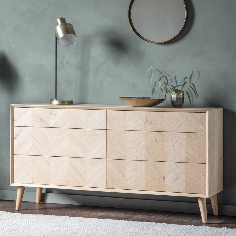 Gallery Milano 6 Drawer Chest in oak with chevron inlay design, six spacious drawers and natural matte finish