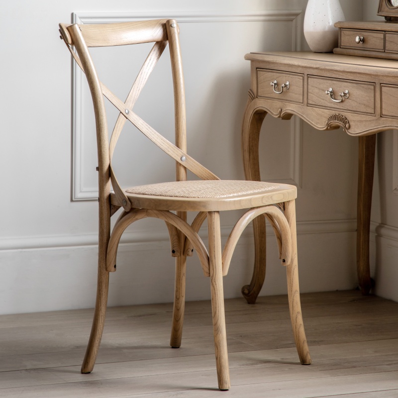 Front view of the Gallery Cafe Chair Oak Rattan with elegant curved legs and natural rattan seat