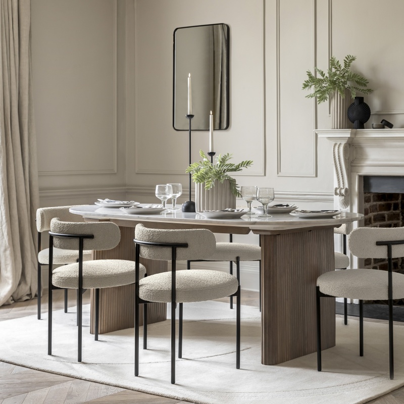 Gallery Marmo Rectangle Dining Table styled in elegant dining room with marble-effect tabletop and structured base