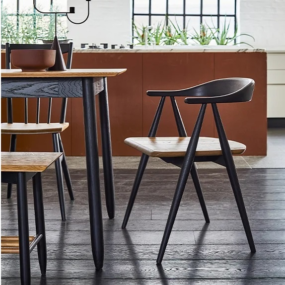 Ercol Monza Como Dining Chairs and Monza Dining Table in a modern industrial setting - Brentham Furniture