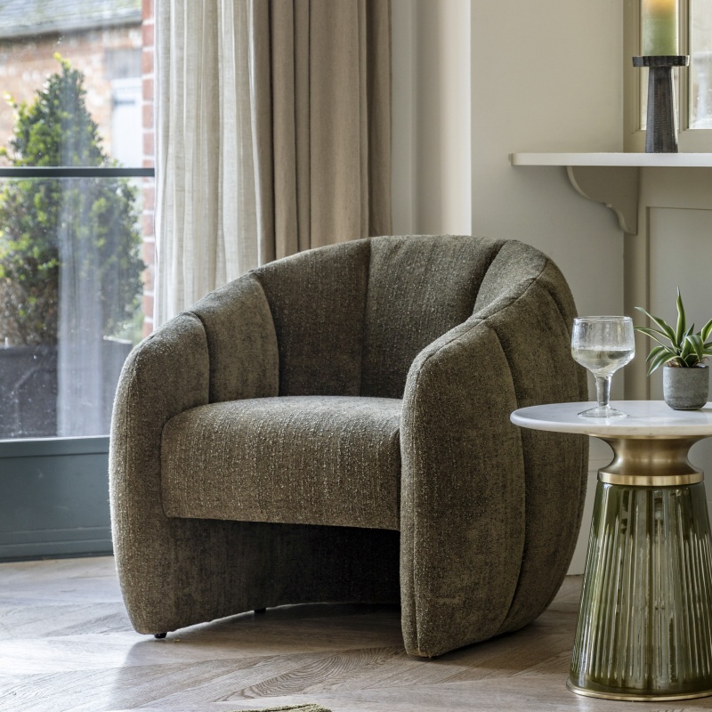 Gallery Direct Atella Tub Chair Moss Green with curved tub design, moss green upholstery and vertical stitched detail