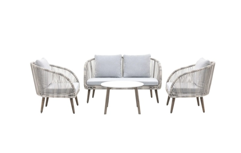 Front view of the contemporary Gallery Velino Lounge Set with wicker detailing, steel frame and round coffee table