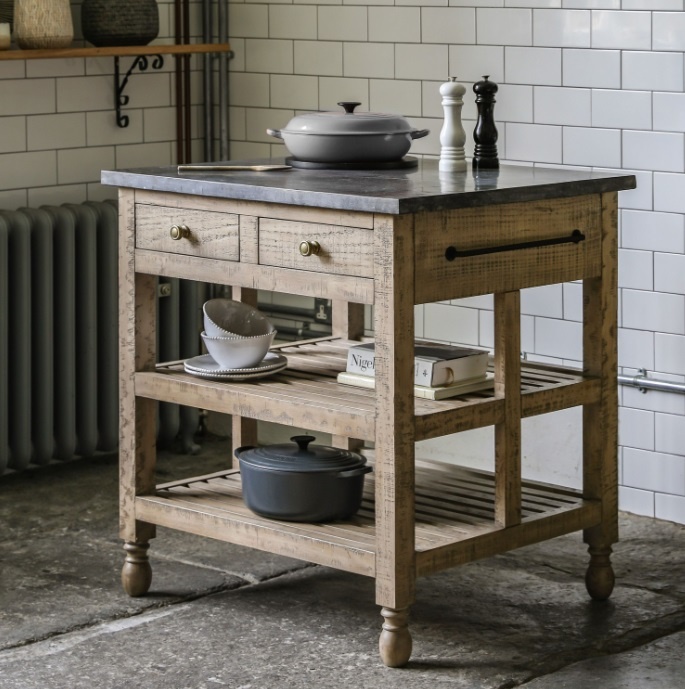 Rustic Gallery Vancouver Small Kitchen Island crafted from North American pine with marble surface and open shelving