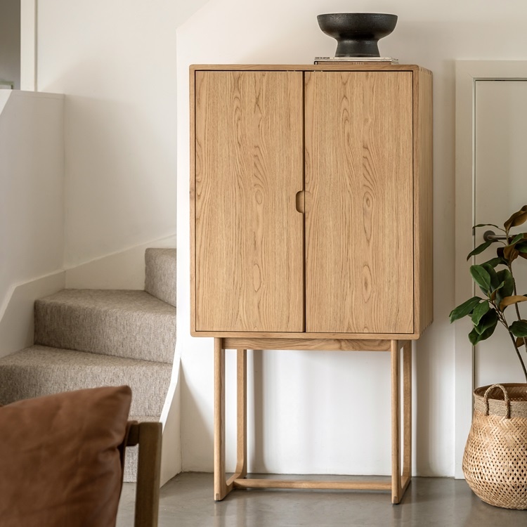 Gallery Direct Craft Cocktail Cabinet Natural styled in a modern interior highlighting natural oak grain and minimal design