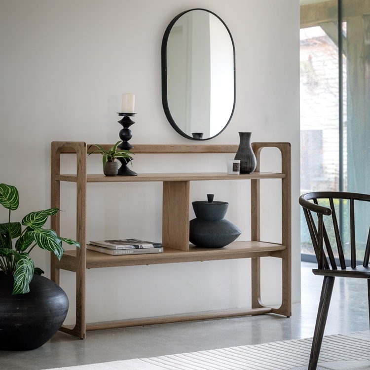 Gallery Direct Craft Open Display Wide Smoked against a light wall with a mirror above it