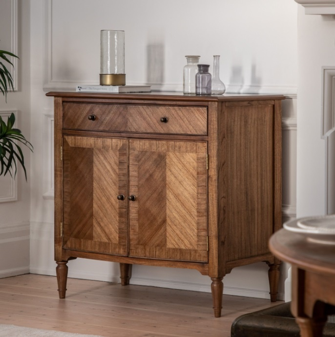 Gallery Direct Highgrove 2 Door/1 Drawer Sideboard in mid-brown Mindy wood with marquetry detail styled in dining room